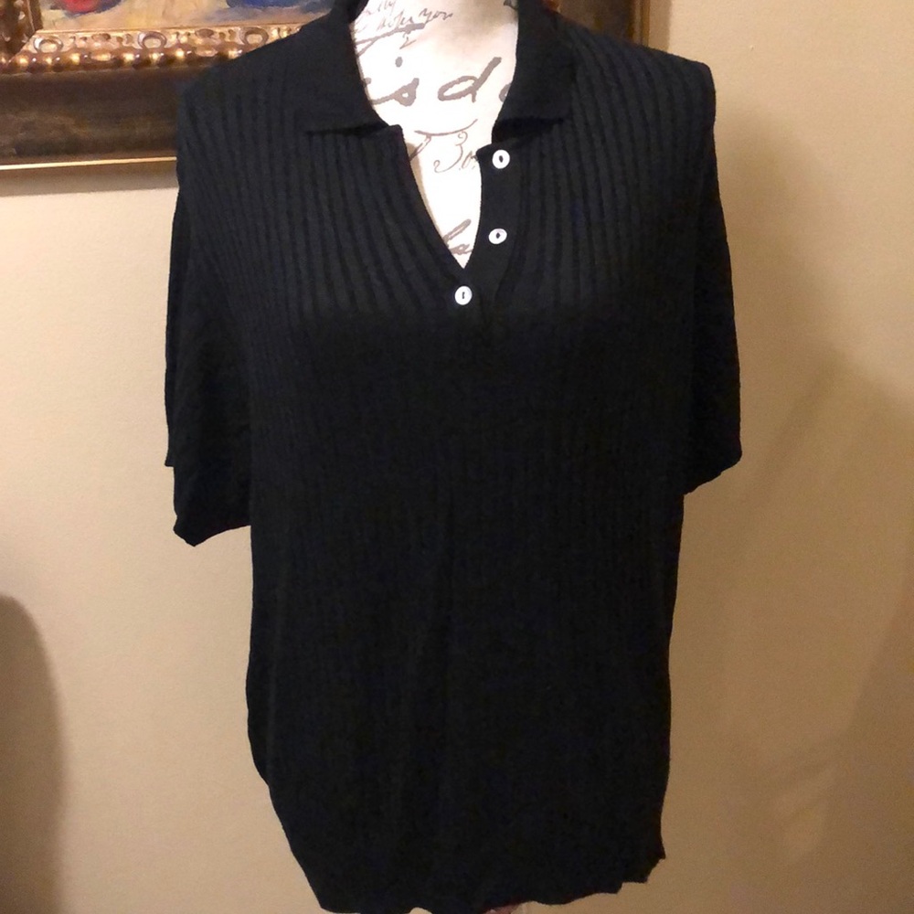 Babette Ballinger Classic Polo style fine cable knit partial mop buttoned shirt